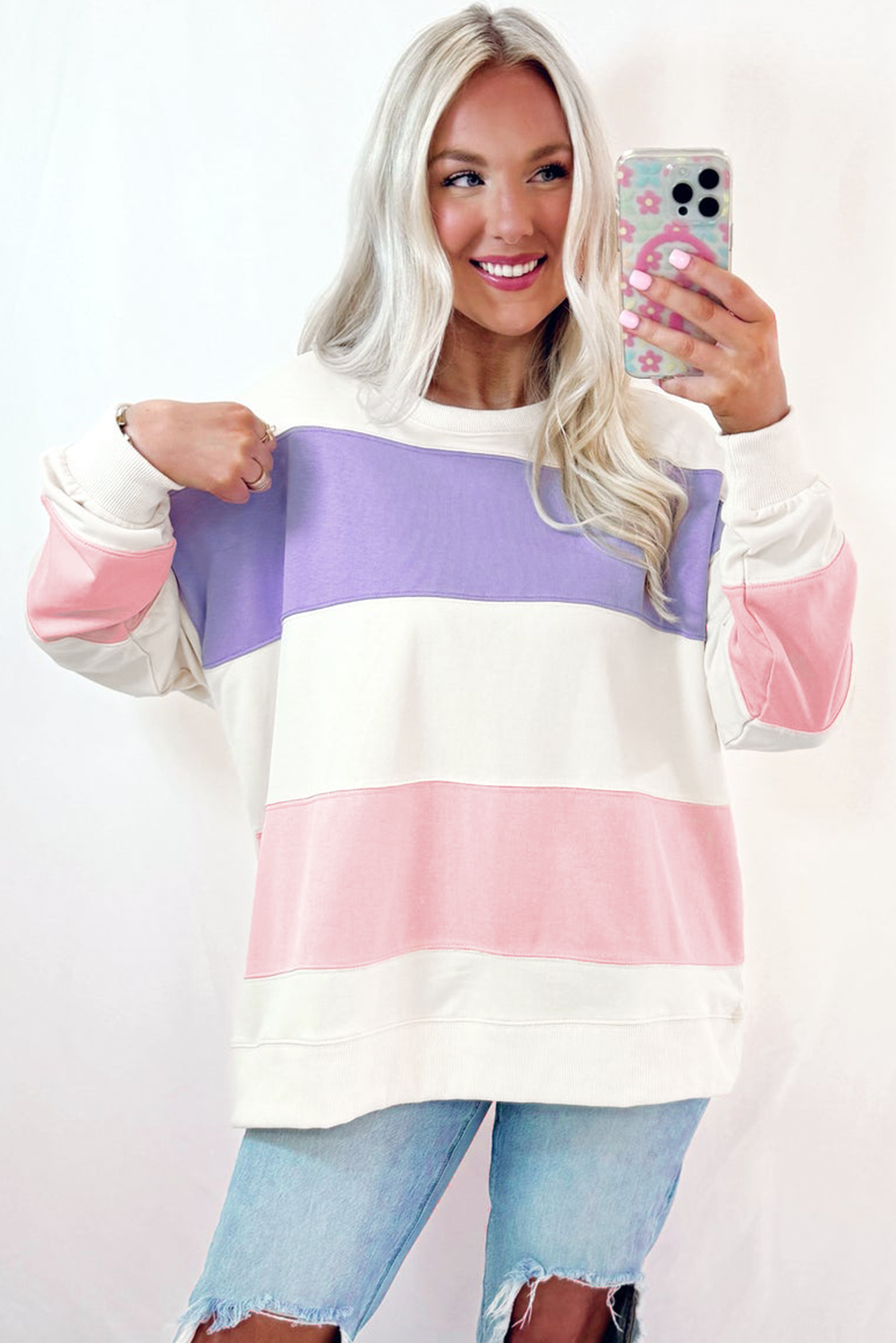 Beige Colorblock Patchwork Drop Shoulder Crewneck Sweatshirt - Love Salve